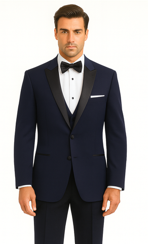Mens Designer Satin Peak Blake Tuxedo in Navy
